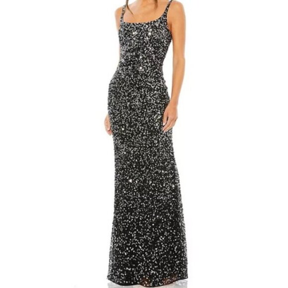 Mac Duggal Black Silver Sequined Low Back Slip Gown